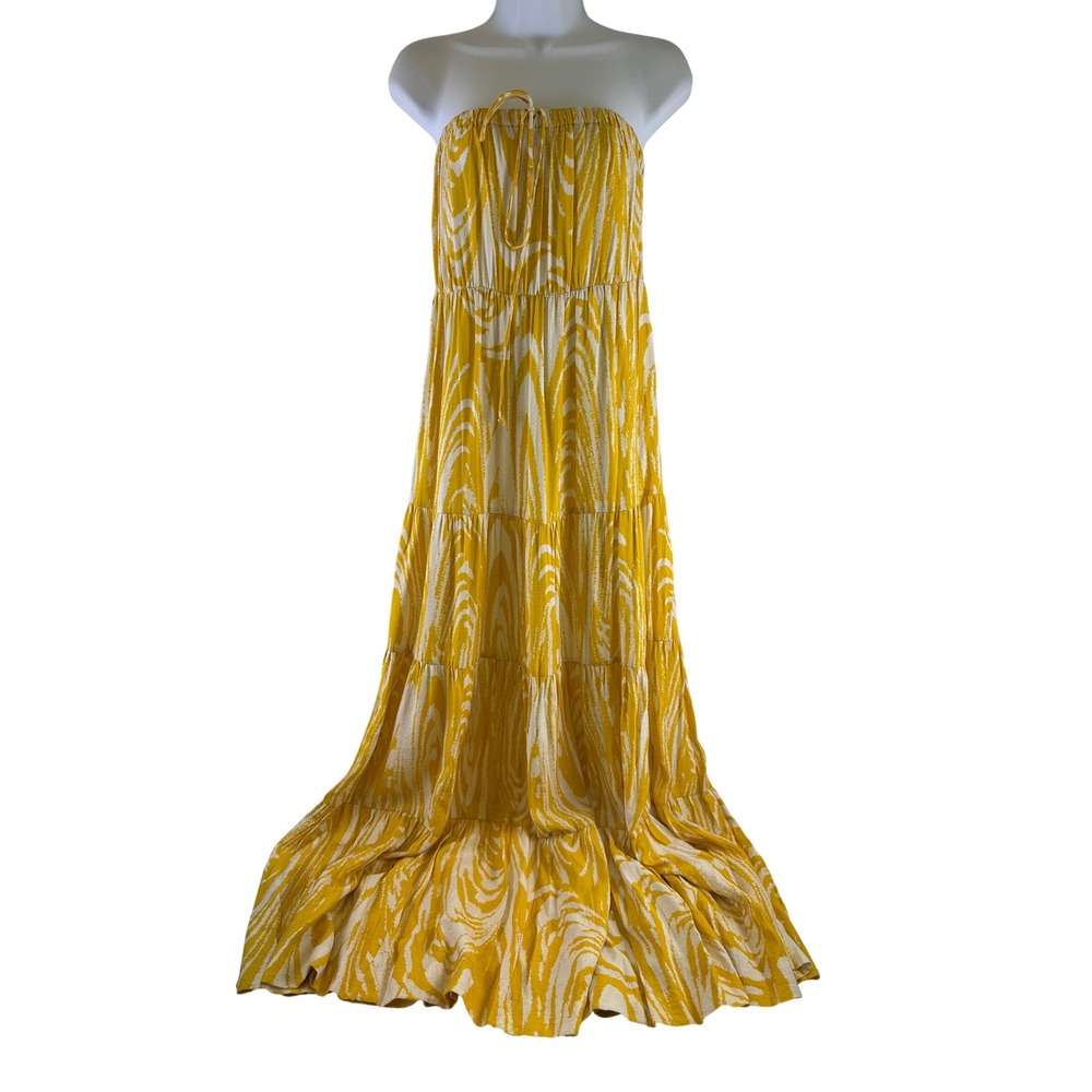 New York & Company Yellow Zebra Print Strapless Tiered Maxi Dress Women Small